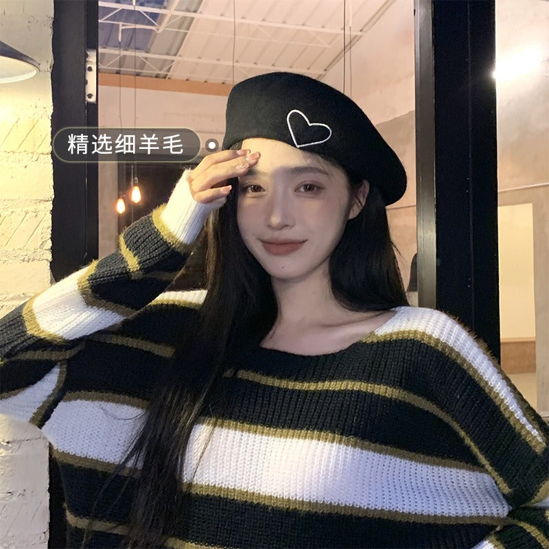 Poetic Wool Beret Hat For Women Heart-shaped Embroidery Painter Hat Retro Casual Octagonal Hat Bonnet Enfant