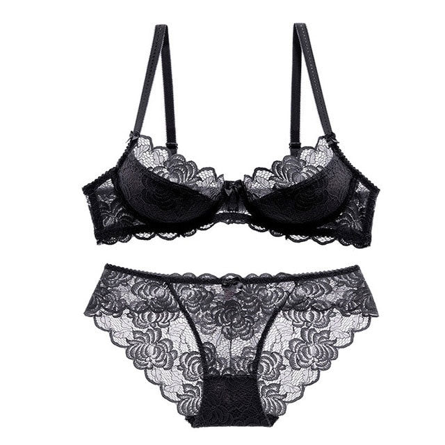 LA BELLA Sexy Bra Ultrathin Underwear Set Plus Size C D Cup Women Transparent Bra Sets Lace Embroidery Lingerie Gray Brassiere