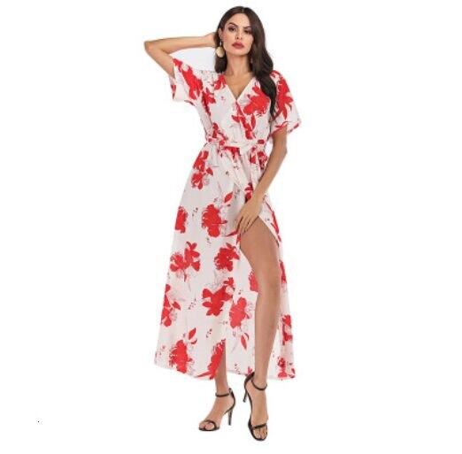 Dress Short Sleeve A Line  Floral Print Chiffon Deep V-Neck Split Sexy Women Summer Dresses Bohemian Beach Elegant Party Vestido