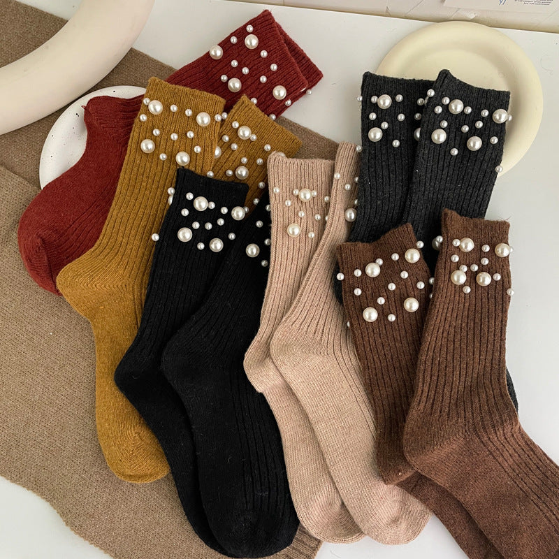 Isabella's fashionable rivet bead pile socks autumn and winter thick warm rabbit wool mid tube socks for children