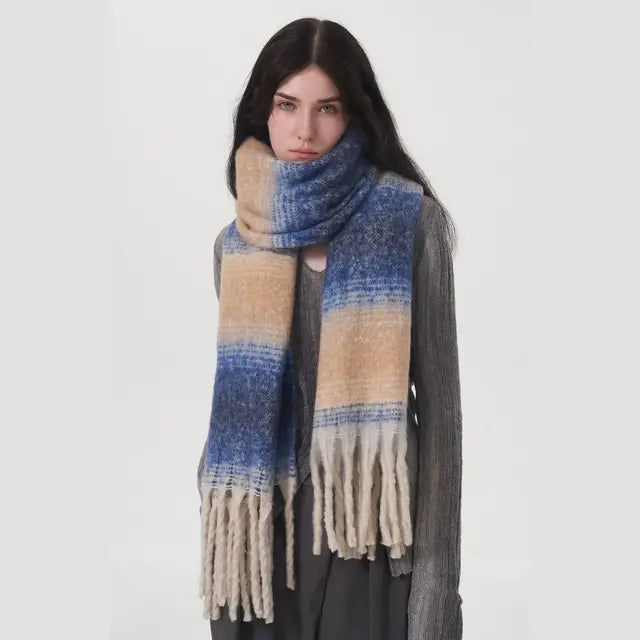 Gradient Color Block Cashmere Scarves Comfort Stripe Tassel Scarf Autumn Winter Keep Warm Simple Fashion Commuting Long Muffler