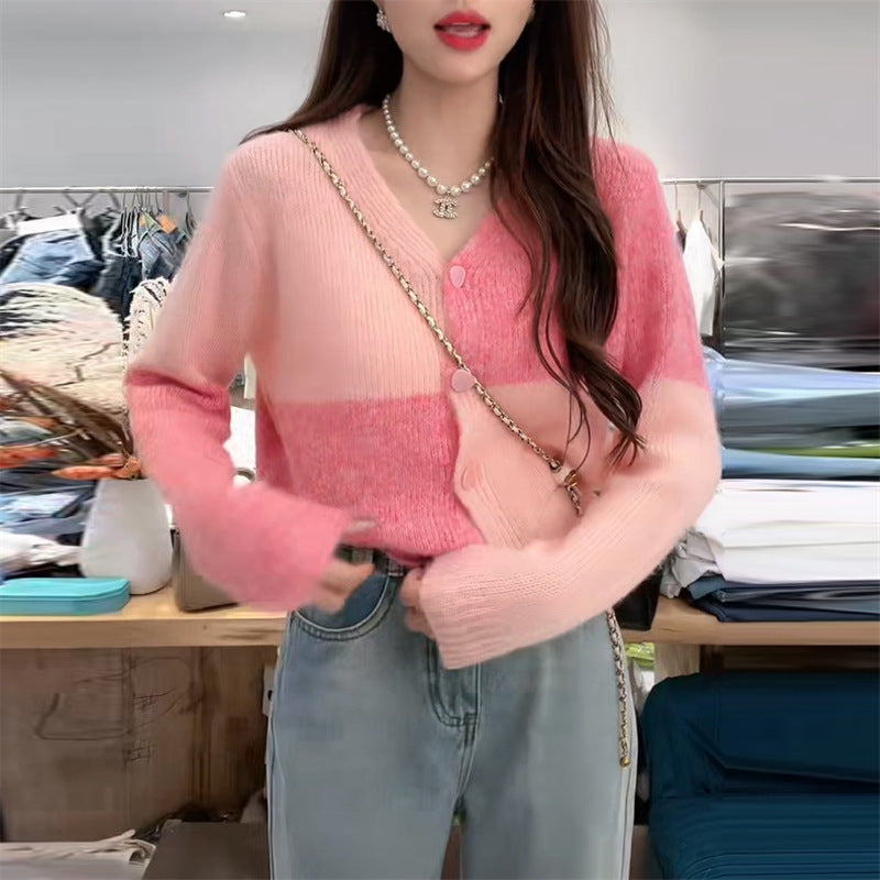 Style Color-Block Plaid V-Neck Knit Cardigan Women