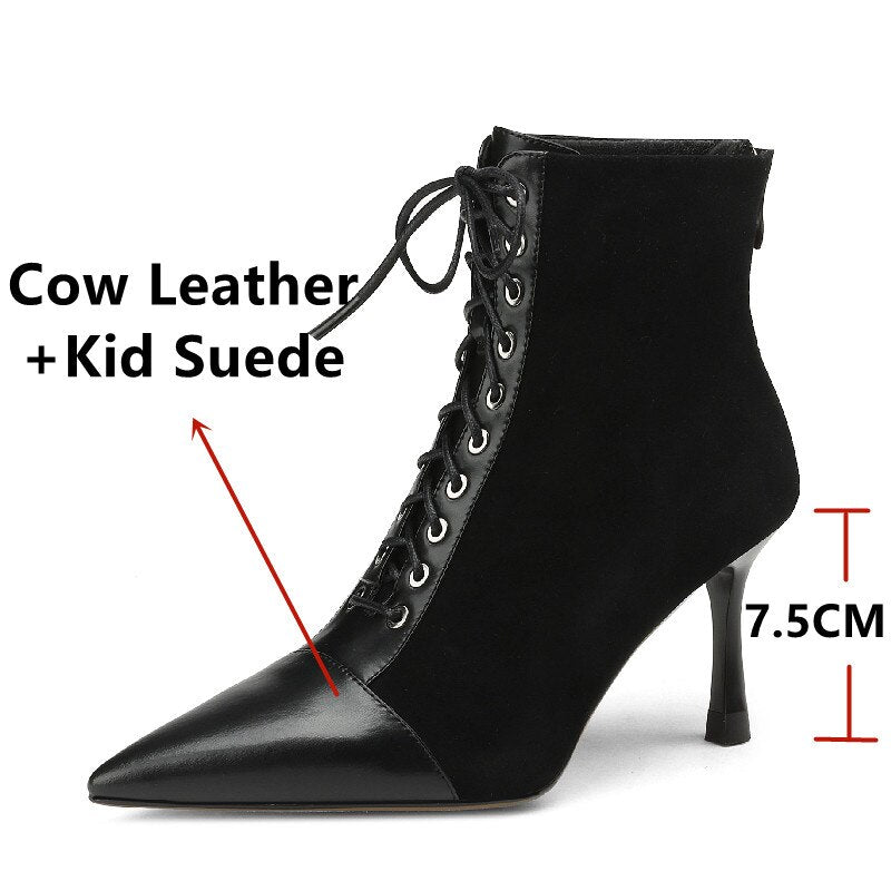 Elegant Women Ankle Boots Pointed Toe Thin High Heels Female Office Genuine Leather Cross-Tied Shoes Woman