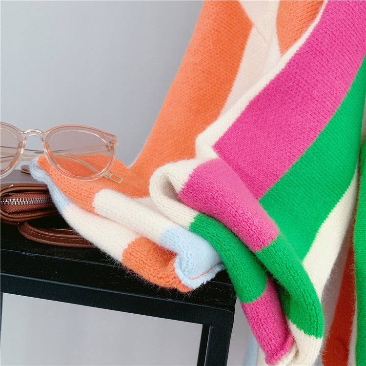 Autumn contrasting vertical striped sweater jacket for women, new loose and lazy knitted cardigan for women