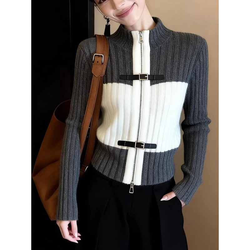 Elegant Color-Blocked Versatile Half-Stand Collar Zip-Up Knit Cardigan Women's Commuter Style Top