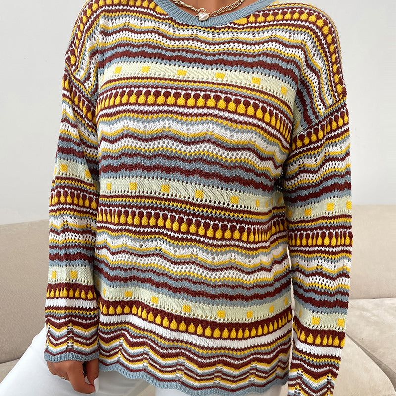 Autumn And Winter New Large Size Loose Long-Sleeved Striped Knitted Sweater Round Neck Sweater Women