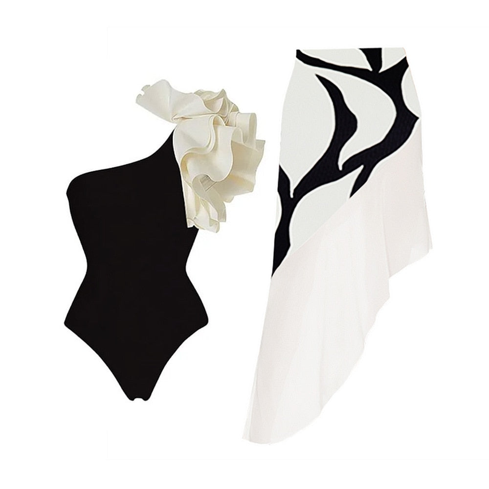Women Swimsuits Pure Black One-piece Swimsuit with Single Shoulder White Floral Cluster Decoration, with an Abstract Black Strip