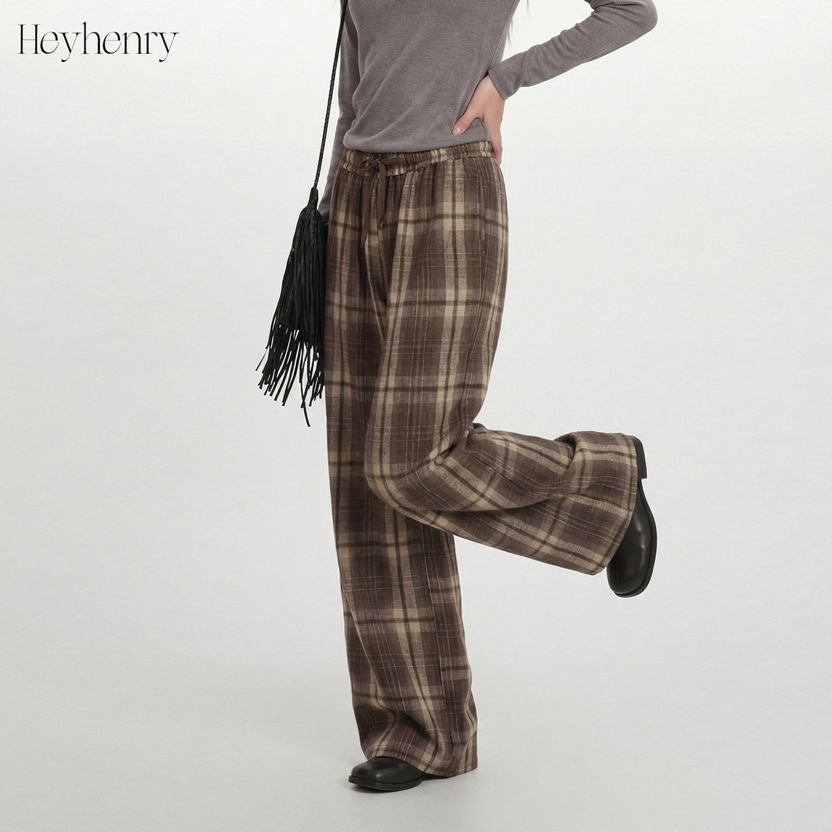 Plaid Casual Pants Women Vintage Straight Loose Wide Leg Pants