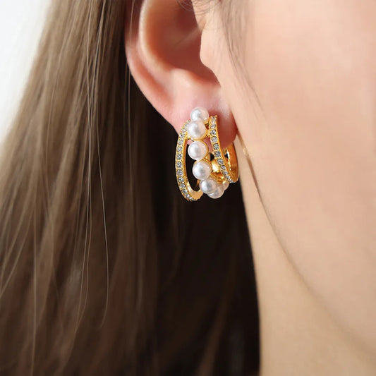 Badge of Pearls Titanium Steel C-Hoop Earrings