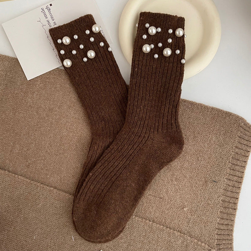 Isabella's fashionable rivet bead pile socks autumn and winter thick warm rabbit wool mid tube socks for children