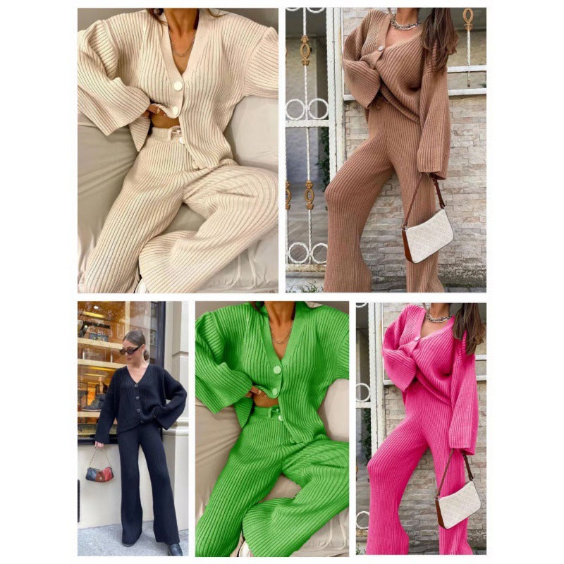 Autumn And Winter New Casual Sweater Knitted Cardigan Pants Two-Piece Set For Women