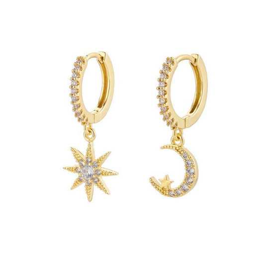 Moon Star Asymmetric Hoop Earring Silver Plated Micro Inlaid Zircon Earring Jewelry For Women Gold Color