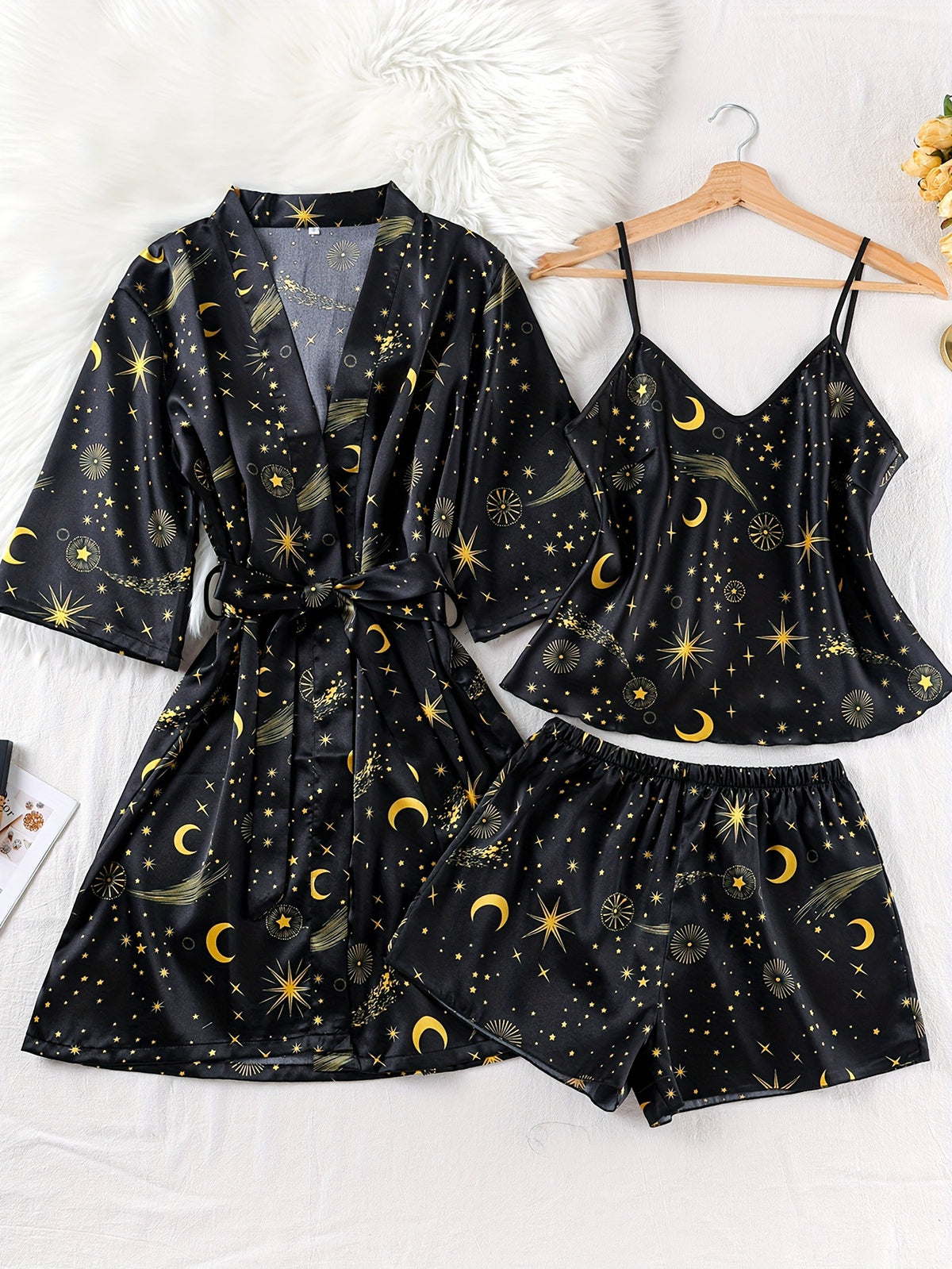 Ladies' Sleepwear Set with Star and Moon Design, Silk-like Satin Robe and Silk-like Strap Shorts