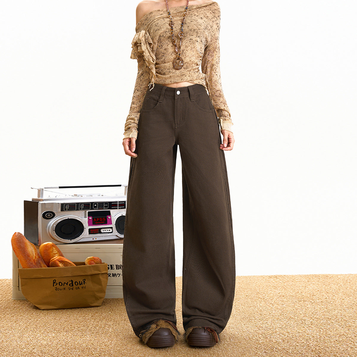 Brown Knife-Edge Jeans Women Vintage Pants
