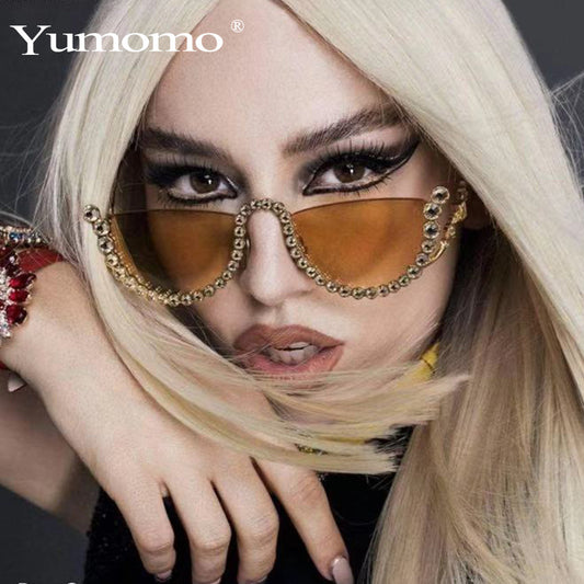 Bella's Gorgeous Diamond-Studded Sunglasses Fashion Half-Frame Women's Trend Glasses Stage Photo Studio Street Shooting Decorative Sunglasses