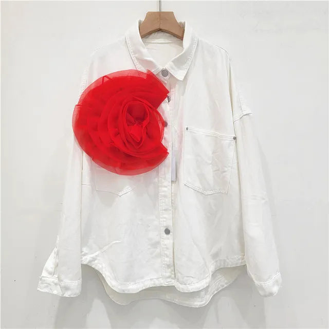 Pleated Flower Decoration Denim Shirt Top For Women  Autumn New Fashion Loose Versatile Casual Blouse Female