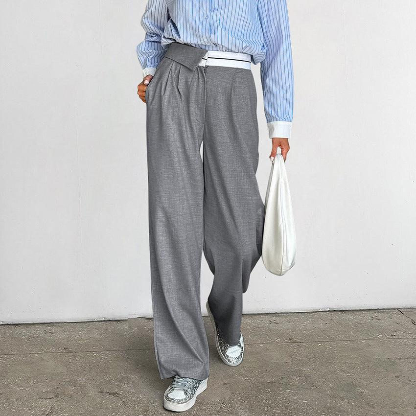 Autumn and winter fashion temperament versatile loose design sense casual splicing high waist straight leg pants for women
