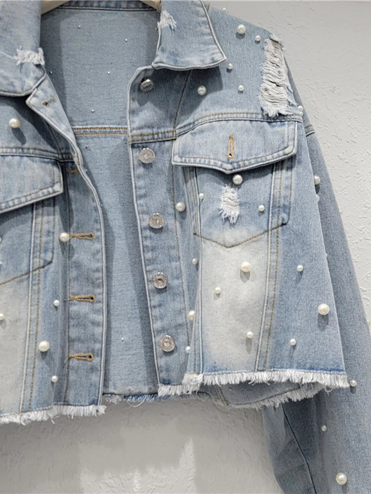 Badge of Pearls Distressed Washed Single Breasted Short Jackets  Autumn New Fashion