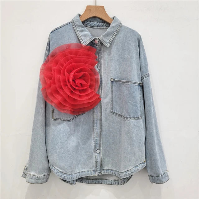 Pleated Flower Decoration Denim Shirt Top For Women  Autumn New Fashion Loose Versatile Casual Blouse Female