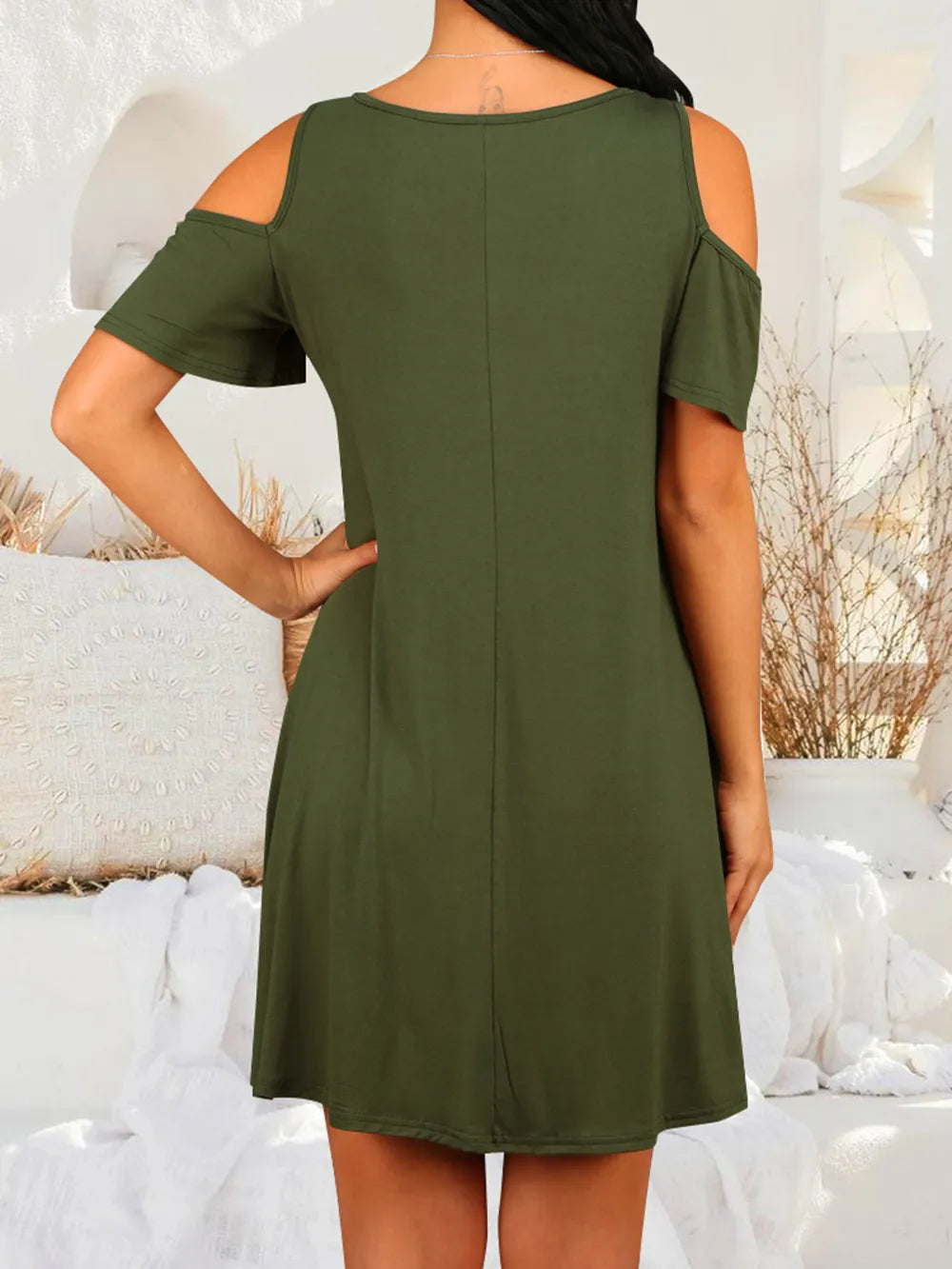 BELLA'S Round Neck Cold Shoulder Short Sleeve Dress