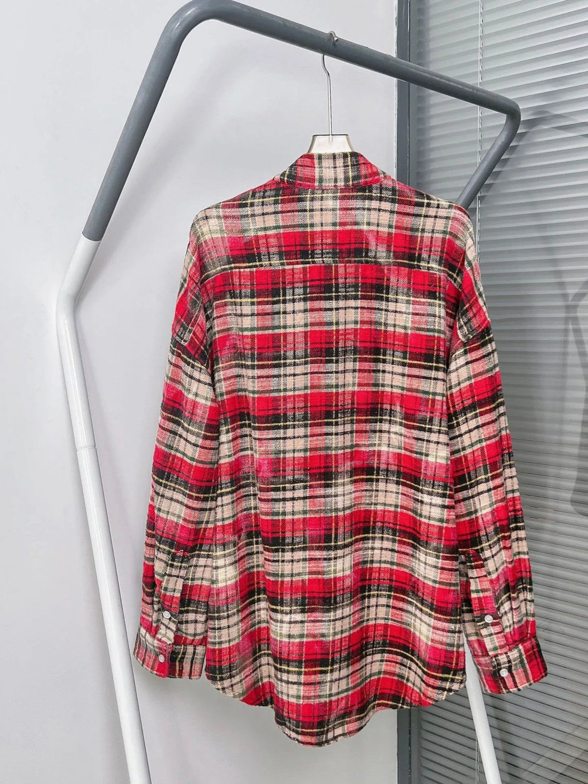 Autumn Women Red Plaid Shirt Lace-Up Stand Collar Long Sleeve Single Breasted Female  Loose Blouse