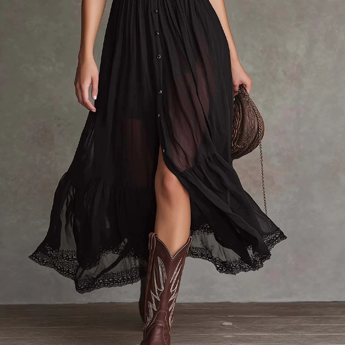 Cropped V-Neck Shirt Dress with Ruffled Hem and Side Slit, Dark Chic Style, Body-Con Fit, Long Skirt
