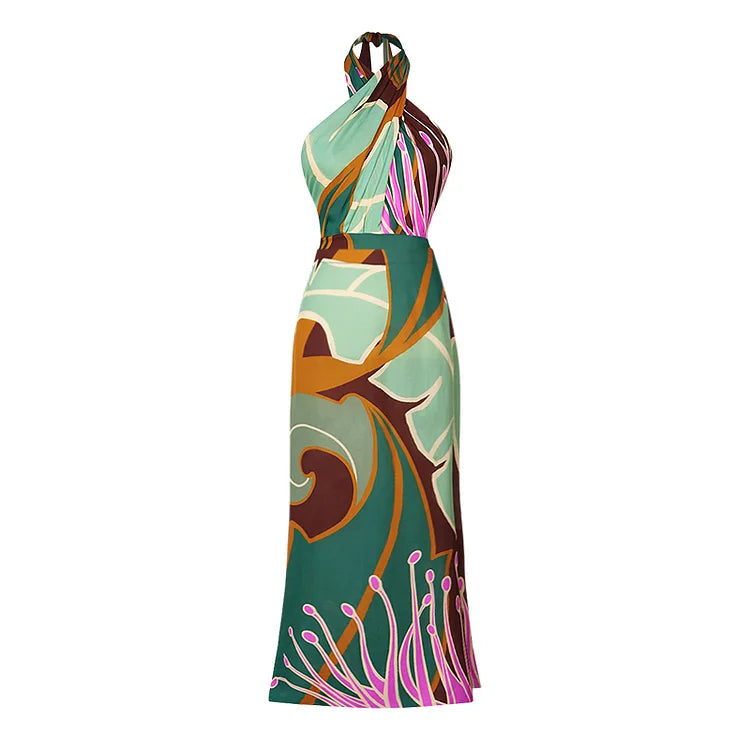 BORIKEN'S HALTER PRINTED ONE PIECE WOMEN'S SWIMSUIT WITH SUMMER SKIRT