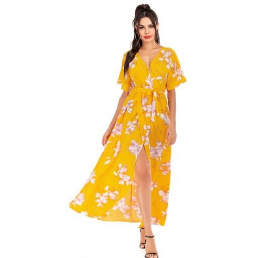 Dress Short Sleeve A Line  Floral Print Chiffon Deep V-Neck Split Sexy Women Summer Dresses Bohemian Beach Elegant Party Vestido