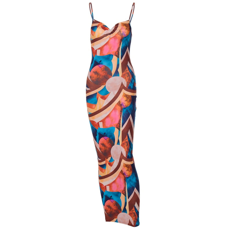 Women Fashion Autumn Sleeveless Printed Bodycon Long Pencil Strap Dress Fall Clothes Streetwear