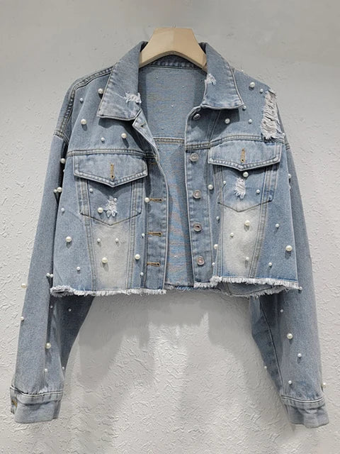 Badge of Pearls Distressed Washed Single Breasted Short Jackets  Autumn New Fashion