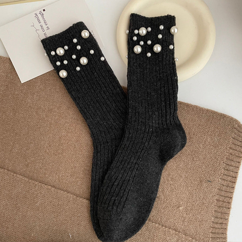 Isabella's fashionable rivet bead pile socks autumn and winter thick warm rabbit wool mid tube socks for children