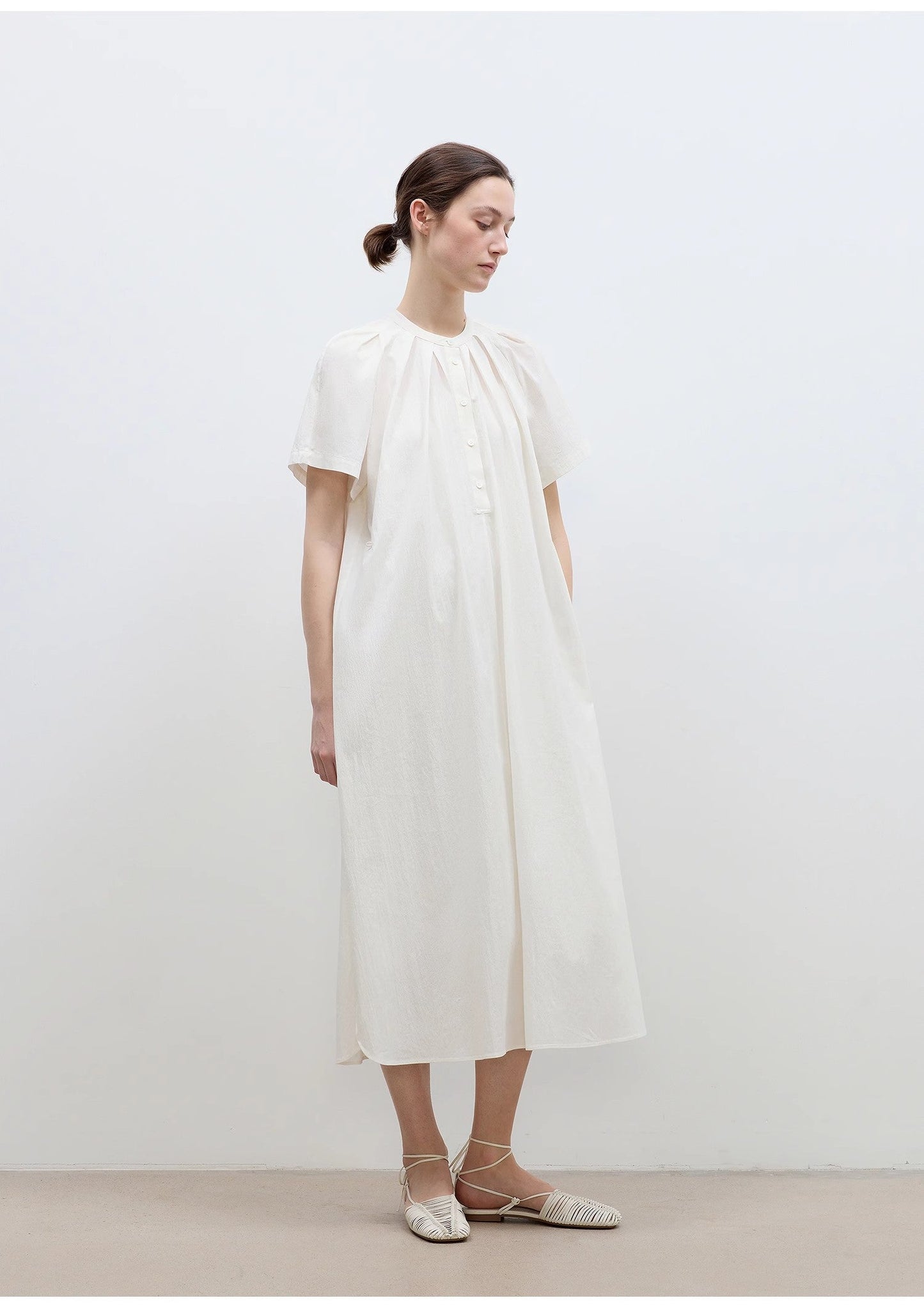 "First Love Island" Cotton Stand Collar Pleated Short Sleeve Shirt Dress for Women