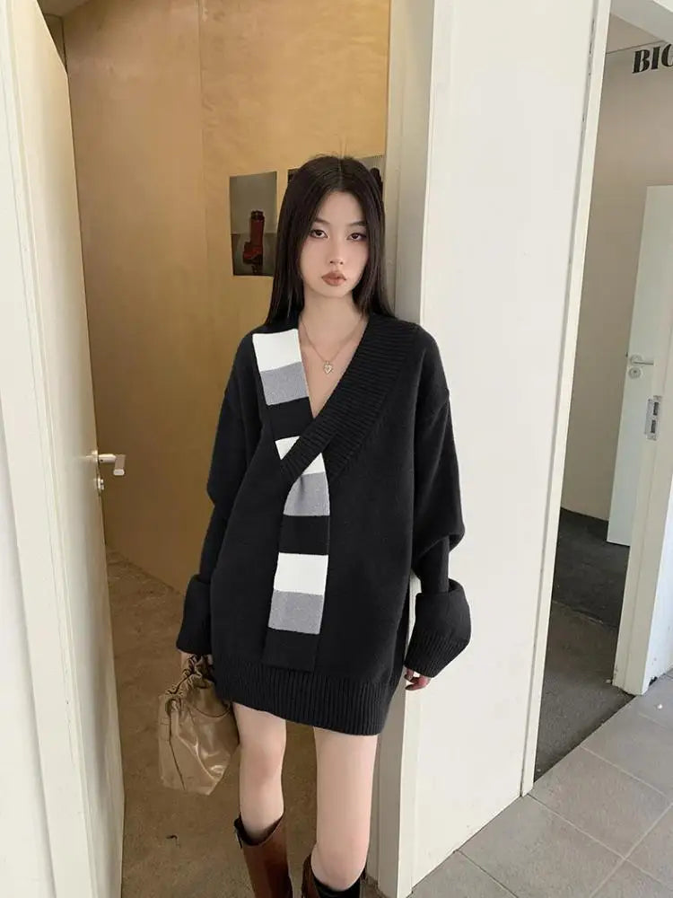 Retro Patchwork Sweater Women Clothes Long Sleeve Warm Knitted Tops Autumn Winter Pullovers Ladies Jumpers Chic