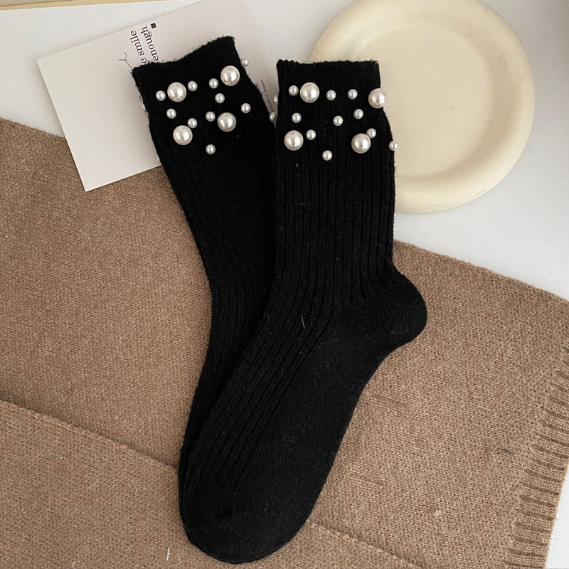 Isabella's fashionable rivet bead pile socks autumn and winter thick warm rabbit wool mid tube socks for children