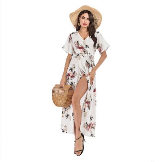 Dress Short Sleeve A Line  Floral Print Chiffon Deep V-Neck Split Sexy Women Summer Dresses Bohemian Beach Elegant Party Vestido