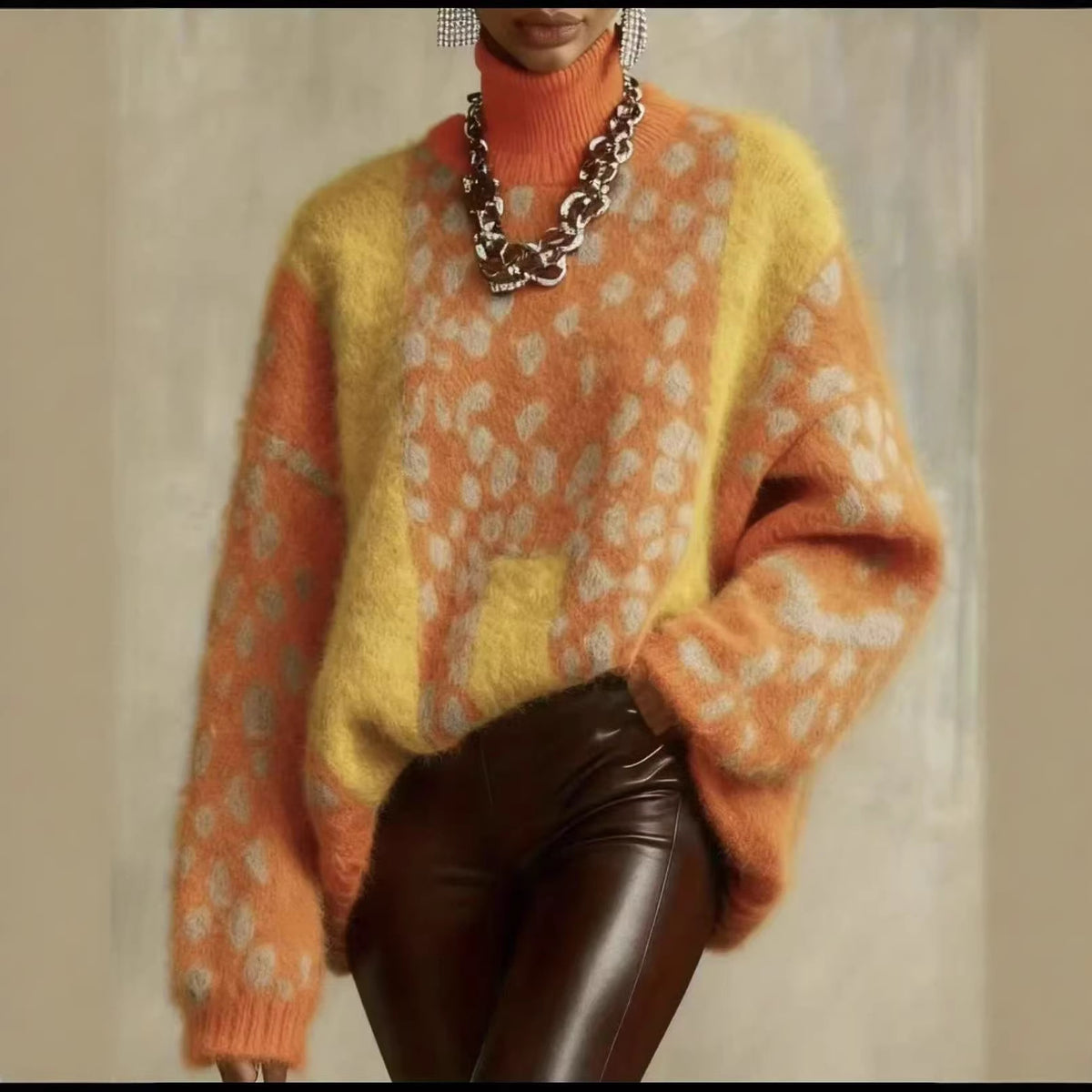 Leopard print knitted sweater for women in autumn and winter