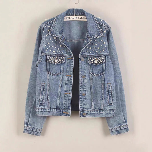 Women's Denim Jacket with Beading Rhinestonesand Pearls, Fashionable Ulzzang Outerwear