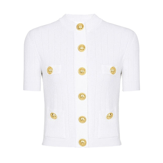 Autumn New High Quality Knitted Shirt Short Sleeve Round Neck Woolen Cardigan Top for Women