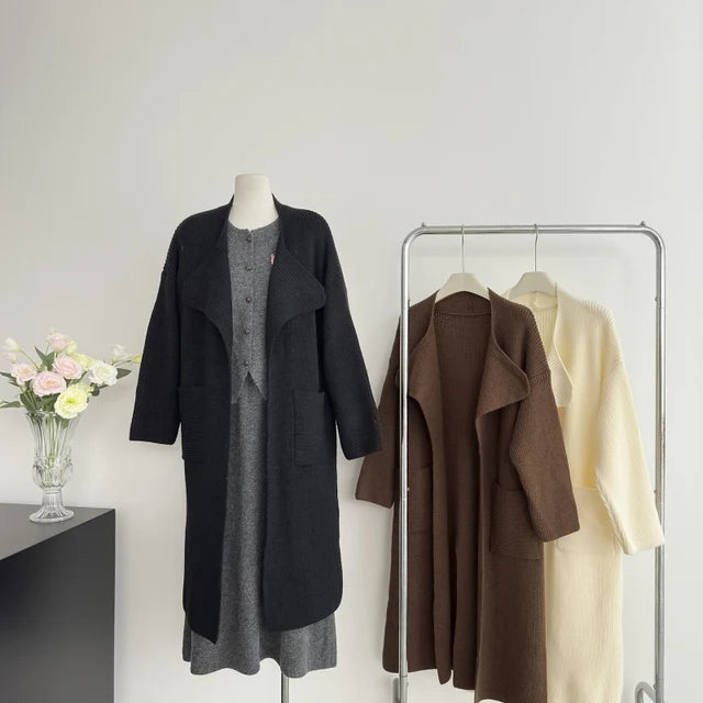 Autumn Winter Women Long Knitted Cardigan With Pockets Lazy Style Warm Loose Causal Sweater Jacket Versatile Overcoat
