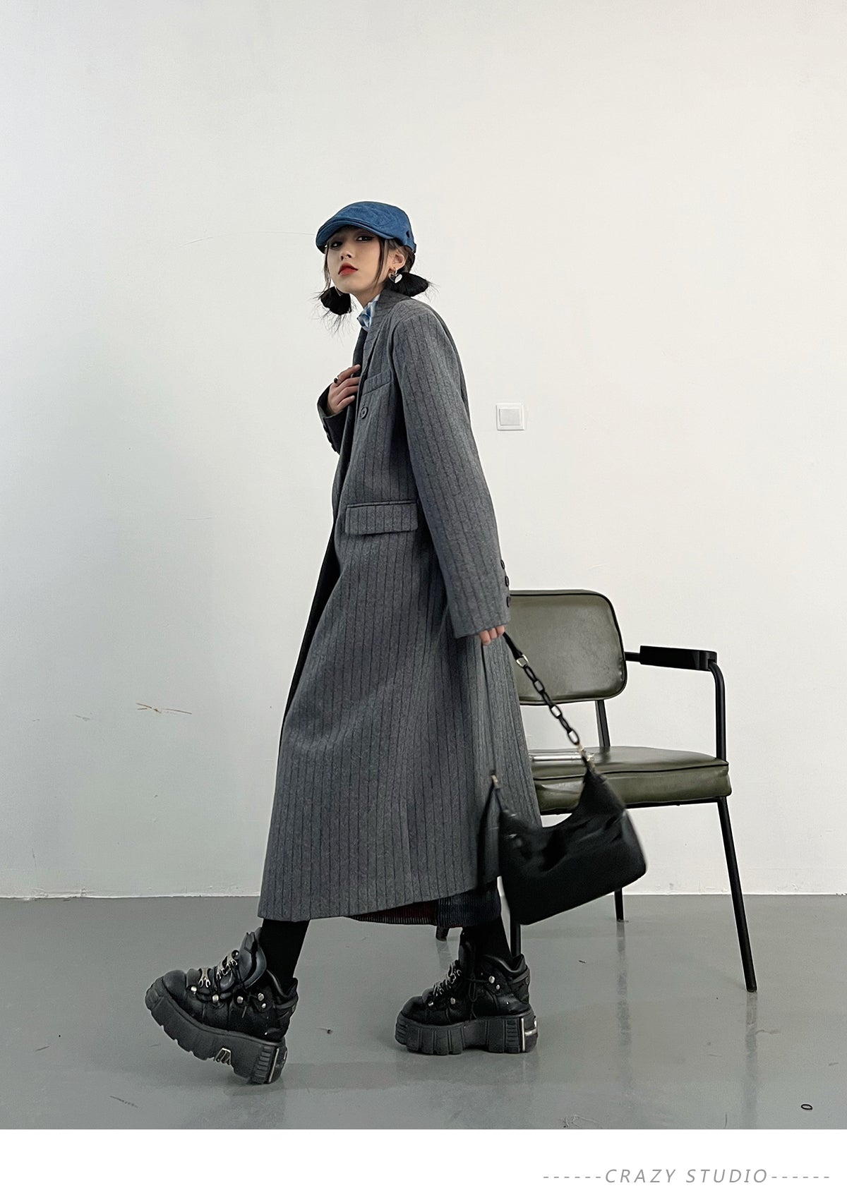 Autumn Winter Long Loose Casual Stylish Striped Woolen Coat Women Double Breasted British Style Fashion Overcoat