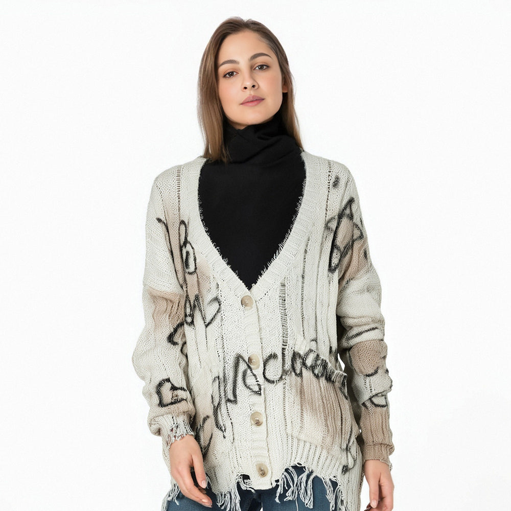 Autumn New Collection Women Knitted Cardigan Letter Pattern Loose Hole Design Single-breasted Fashion Sweater