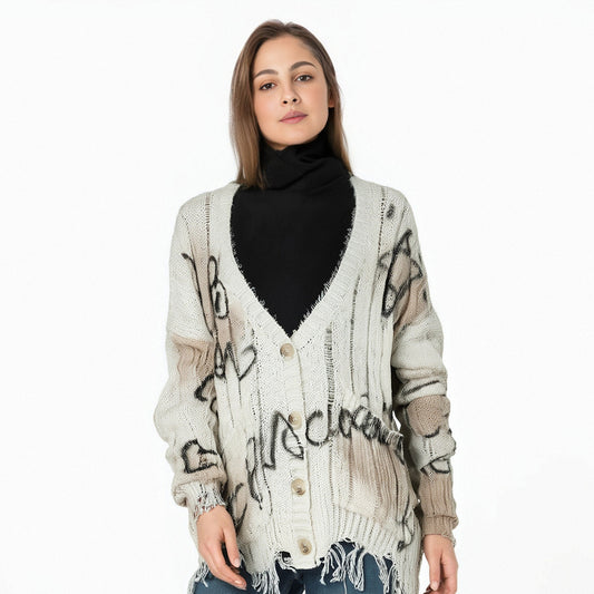 Autumn New Collection Women Knitted Cardigan Letter Pattern Loose Hole Design Single-breasted Fashion Sweater