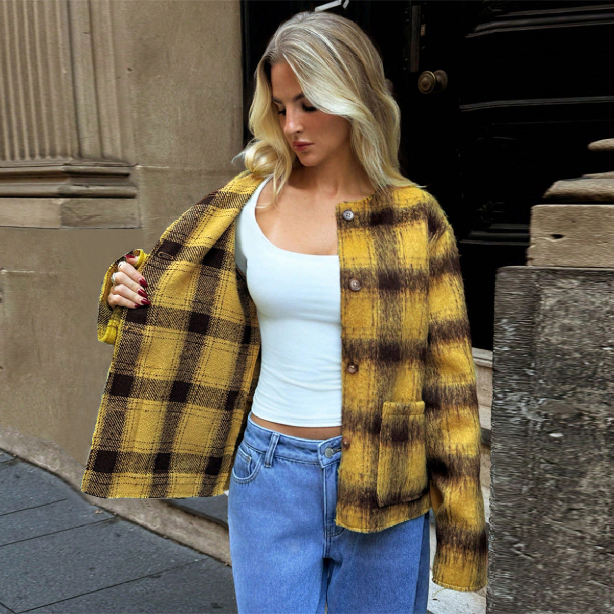 Color woven woolen plaid coat for women in autumn