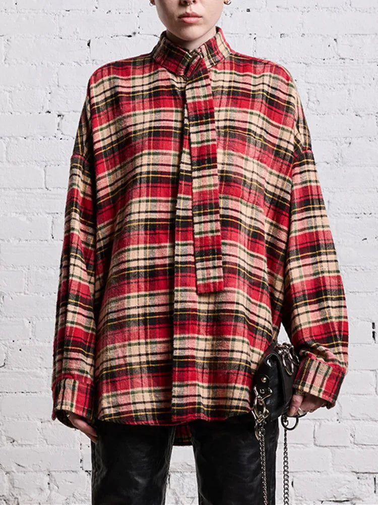 Autumn Women Red Plaid Shirt Lace-Up Stand Collar Long Sleeve Single Breasted Female  Loose Blouse
