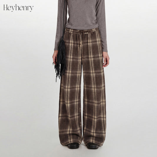Plaid Casual Pants Women Vintage Straight Loose Wide Leg Pants