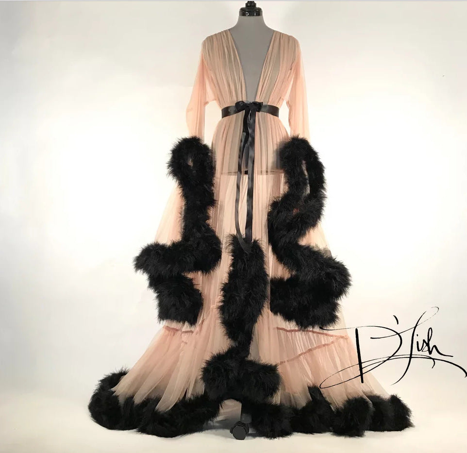 LA BELLA Sexy Lingerie Women's Sexy Feather Trumpet Sleeve Trailing Long Skirt Imitation Rex Rabbit Fur Sexy Nightdress Perspective Temptation Suit