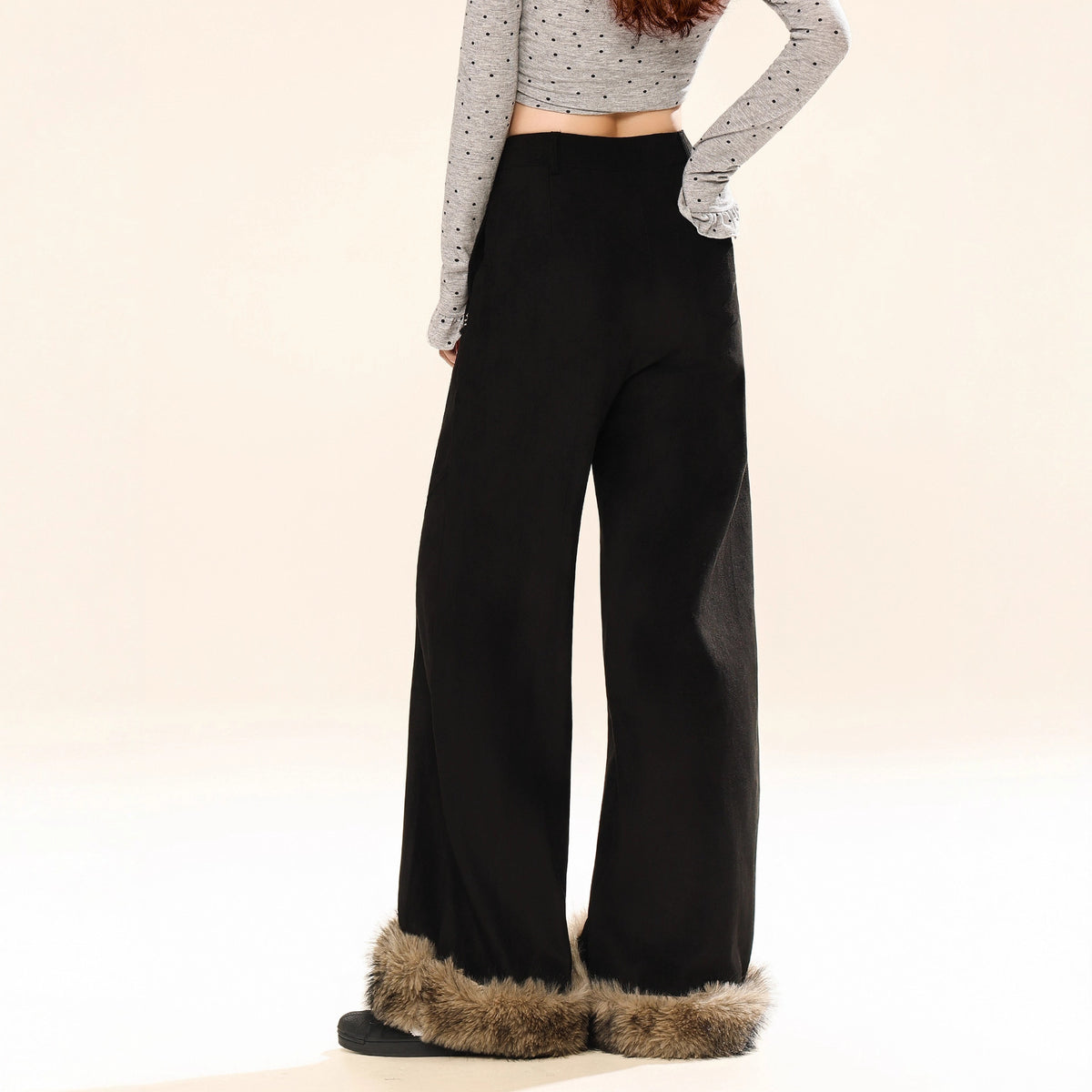 aux Fur Trim Relaxed Pants Women Casual Oversized Long Pants