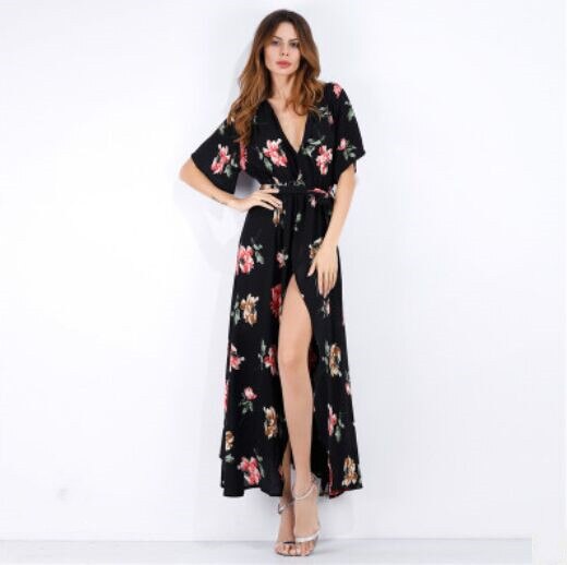 Dress Short Sleeve A Line  Floral Print Chiffon Deep V-Neck Split Sexy Women Summer Dresses Bohemian Beach Elegant Party Vestido