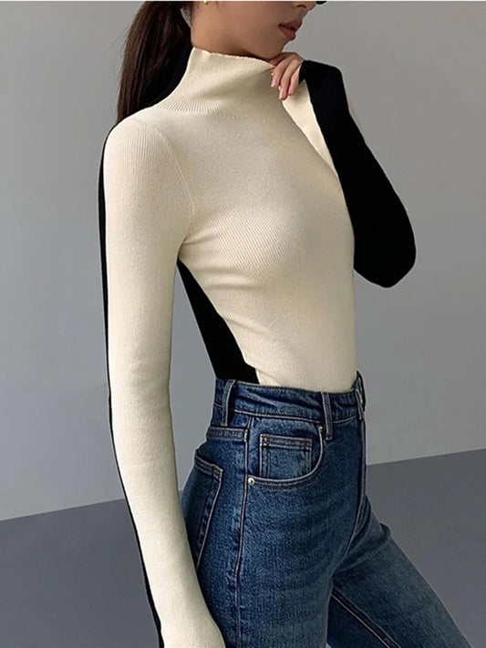 Knitted Sweater Autumn Woman Half High Collar Long Sleeve Pullover Casual Simple Basic Jumper Female Sweaters