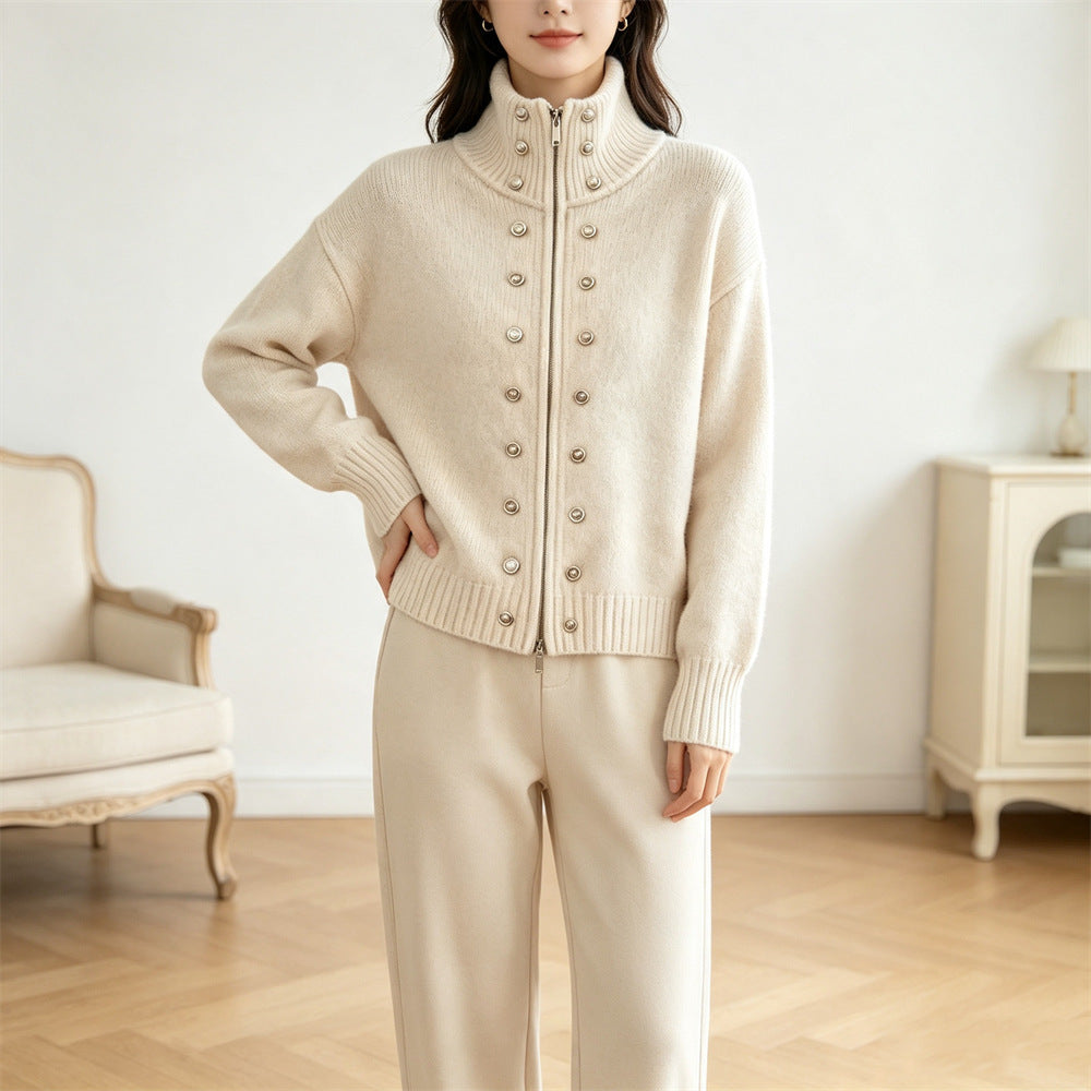Double row decorative buckle solid color zipper sweater